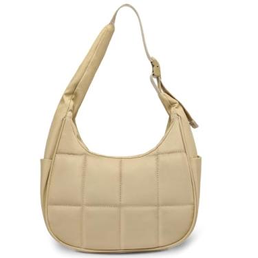 Imagem de KAATAI Bolsa de ombro pequena Puffer Crescent para mulheres, bolsas de ombro acolchoadas e fofas de nylon com alça ajustável, Caqui