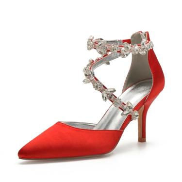 Imagem de Anna's Bridal Sapatos femininos de salto alto com bico fino, tira no tornozelo, strass e cetim, sapatos de casamento para noivas e festas de formatura, Vermelho, 37