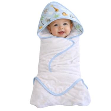 Imagem de Toalha de Banho com Capuz para Bebê, Estampa Safari, 100% Algodão, 70x70cm, Absorvente, Macia e Hipoalergênica (Azul)