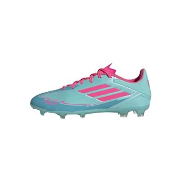 Imagem de adidas Tênis unissex adulto F50 League Messi Firm Multi Ground, Flash Aqua/rosa lúcido/ciano lúcido, 12.5 Women/11.5 Men