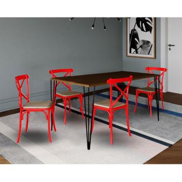 Imagem de Conjunto De Mesa Elen Retangular 140X80Cm Amêndoa Com 4 Cadeiras Katrina Vermelha A - Marrom