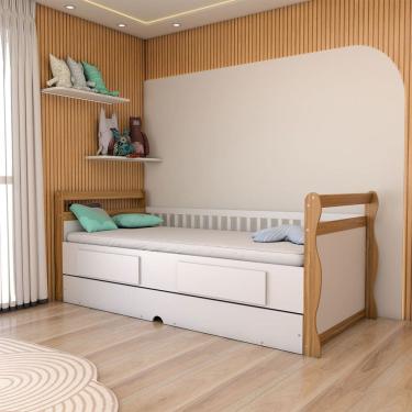 Imagem de Cama Infantil Bicama Tesouro 2 Gavetas 100% Mdf Branco Brilho/Amêndoa - Panorama Móveis