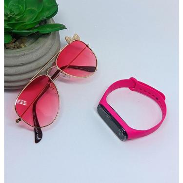 Imagem de Kit Relógio Led Infantil Band Bracelete Silicone Menina + Óculos de Sol Aviador Lacinho Flexível aço Proteção Uv400
