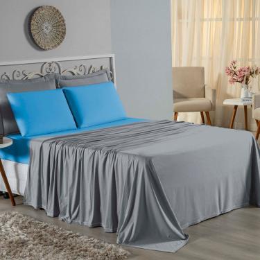 Imagem de Jogo De Cama Casal Nobre 4 Peças Lençol Com Elástico De 30cm De Altura Malha 100% Algodão - Cinza / Turquesa