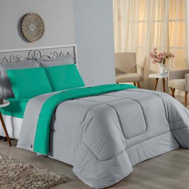 Imagem de Kit Edredom Dupla Face + Jogo De Lençol Queen Nobre 6 Peças Malha 100% Algodão - Cinza / Jade