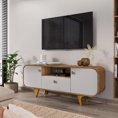 Imagem de Rack para TV Até 55 Polegadas 2 Portas 1 Gaveta com Pés de Madeira Maciça Noronha Bechara