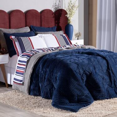 Imagem de Kit Coberdrom Canelado Versalhes Azul Marinho King 03 Peças - Dupla Face Manta E Sherpa Colorida