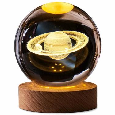 Imagem de Luminária Bola de Cristal Galáxia 3D LED Petrin com Base em Madeira Il