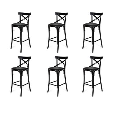 Imagem de Kit 6 Banquetas Katrina com Encosto em Aço Preto Assento em Corano para Bancada de Cozi...