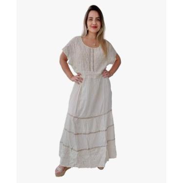 Imagem de Vestido Longo Indiano Crú Bordado c/ Bolsos e Forro Manga Curta Cod.01