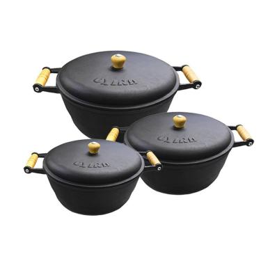 Imagem de Jogo 3 Panela Caçarola Ferro Com Alça Madeira Com Tampa Nº 2