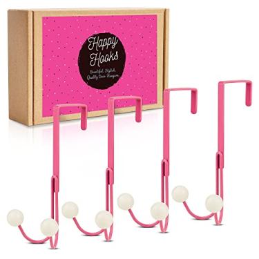 Imagem de Happy Hooks Ganchos para porta – Ganchos para pendurar em metal rosa com tampas brancas – Ganchos para banheiro, ganchos para quarto para pendurar toalhas, roupões, casacos, bolsas, chapéus (4)