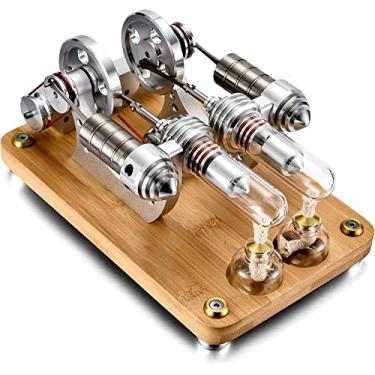 Imagem de 2-Cylinder hot air Stirling Engine with Colorful LED, Motor Generator (M14-22-S Brown)