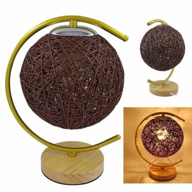 Imagem de Luminaria Abajur Mesa Cupula Bola Meia Lua Barbante Base Madeira Rustica Decoraçao Quarto Sala Escritorio Casa Iluminaçao Bivolt Enfeite