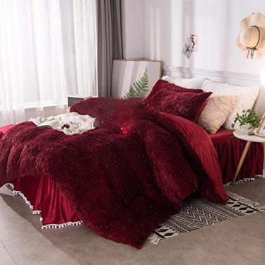 Imagem de Jogo de lençol de pelúcia de flanela de veludo, capa de edredom de lã grossa e quente, fronhas de saia de cama - pasta de feijão - saia de cama de 1,8 m, 4 peças (vermelho escuro 1,2 m, saia de cama 3