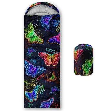 Imagem de CVHOUSE Sacos de dormir Neon Butterfly Camping, 3 estações de clima quente e frio, leves, sacos de dormir impermeáveis para adultos e crianças, viagens e ao ar livre, equipamento de acampamento, 78,7 x 228,5 cm