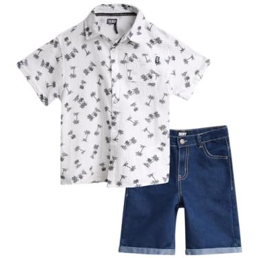 Imagem de DKNY Conjunto de shorts para meninos - camisa de botão de manga curta com botões e shorts jeans elásticos - roupa de verão para meninos (2-7), Branco, 7