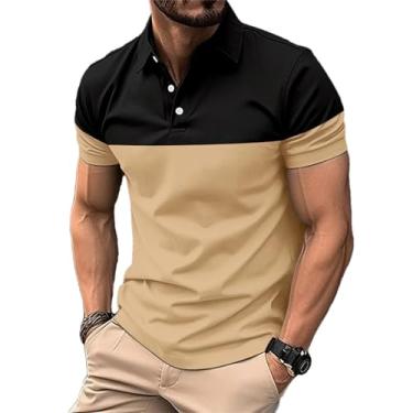 Imagem de BoShiNuo Camiseta masculina manga curta lapela casual esportiva manga curta impressão digital duas cores para homem, Caqui, P