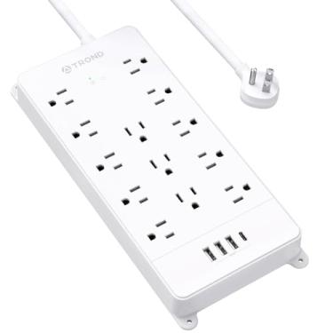 Imagem de TROND Protetor contra surtos de linha – Cabo de extensão branco com USB, 13 tomadas amplamente espaçadas e 4 portas USB (1 USB C), 1,5 m, plugue plano, embaixo da mesa, montagem na parede, montável,