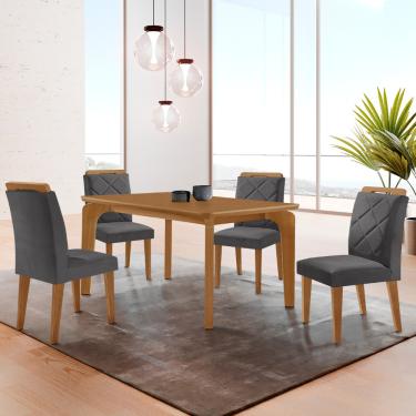Imagem de Mesa de Jantar Liz 120cm MDF Canto copo e com 4 Cadeiras Melissa - Veludo Grafite/Naturalle/Naturalle