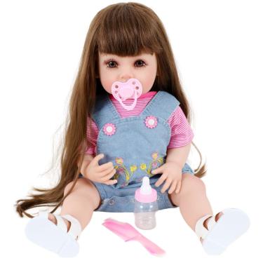 Imagem de Bebê Sweetie Reborn Jardineira Jeans Flores Premium 55cm