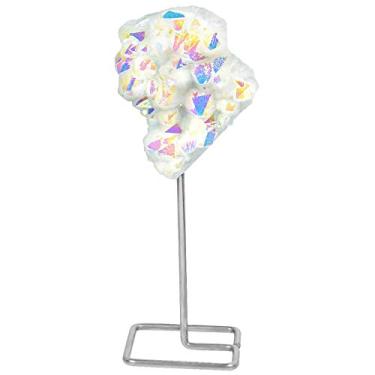 Imagem de Amogeeli Decoração de casa de cristal de rocha revestido de titânio em suporte de metal, amostra de aglomerado de quartzo Angel Aura