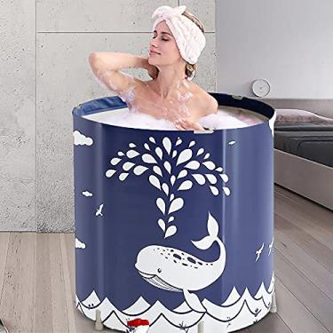 Imagem de Banheira portátil, banheira dobrável para adultos, banheira japonesa, BDL de gelo independente e banheiras de hidromassagem com espuma térmica, banheira de spa dobrável para espaços pequenos, travesseiro e bolsa de armazenamento azul baleia