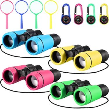 Imagem de Conjunto de 4 binóculos infantis coloridos reais para crianças, conjunto de binóculos de alta resolução à prova de choque com lupa e bússola para observação de pássaros, caça, caminhadas, brincadeiras ao ar livre, exploração