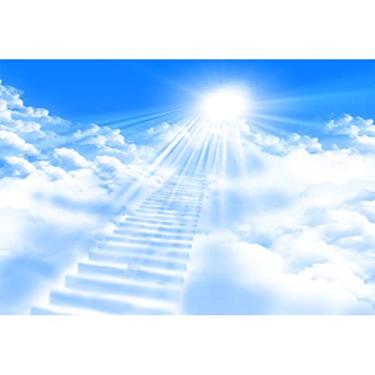 Imagem de DORCEV 2,4 x 1,8 m Pano de fundo do céu escadas para o paraíso escadas de luz sagrada fundo para fotografia céu azul nuvens brancas puras eventos de igreja recém-nascidos crianças chá de bebê batismo adereços retrato