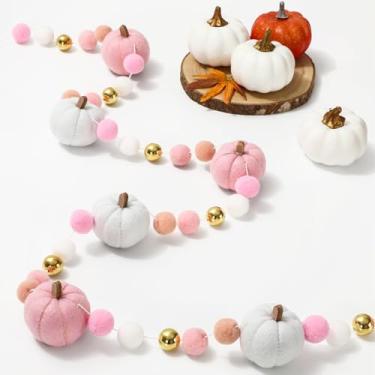 Imagem de JarThenaAMCS Guirlanda de feltro de outono de 2,5 m, abóbora rosa branca 3D com contas douradas, faixa colorida com pompom para pendurar no outono, suprimentos de festa de Ação de Graças, decoração de