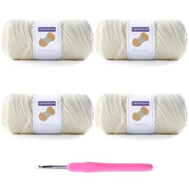 Imagem de Pacote com 4 fios de camisetas para crochê, camisetas elásticas, fios de tricô espaguete, comprimento total, 260 metros para sacos de crochê, decoração de casa, com 1 agulha de crochê (4 cremes)