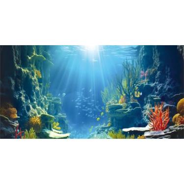 Imagem de Dtekoj Fundo de aquário de piso de mar azul 76 x 30 cm, fundo de decoração de aquário com efeito 3D de mundo subaquático natural, fundo de terrário artístico com fita dupla face de 8 EVA