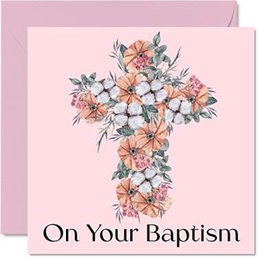 Imagem de Cartões de batismo para meninas - On Your Baptism - Crucifixo floral cartão de parabéns batismo, presentes de batismo de primeira comunhão para meninas, presentes cristãos de 14 x 14 cm cartões de felicitações religiosas