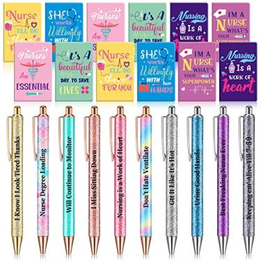 Imagem de 22 canetas engraçadas de enfermeira e mini cadernos de enfermeira, 10 canetas coloridas com glitter e 12 bolsos bloco de notas de enfermeira pequeno diário médico para presentes de apreciação de enfermeira, estudantes, materiais de escritório