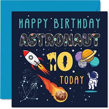 Imagem de Cartão de aniversário de 10 anos menino – astronauta espacial cosmos – cartão de feliz aniversário de 10 anos menino menina, dez cartões de aniversário para meninos do décimo décimo de meninas, cartão comemorativo de 145 mm x 145 mm para filho, filha, sobrinha e neto