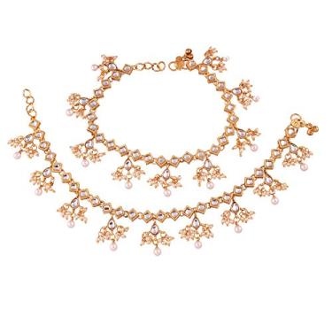 Imagem de Tornozeleira feminina I Jewels banhada a ouro estilo tradicional Bollywood étnico Kundan e pérola cravejada/joia Payal (A025W)
