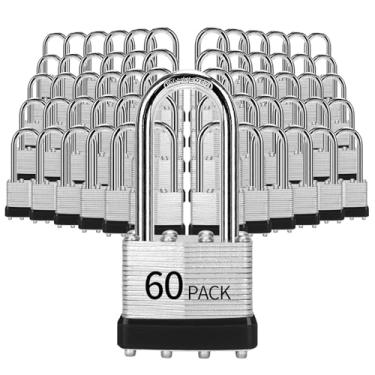 Imagem de HZSY Cadeados com chave igual, pacote com 60, fechadura com chave de aço laminado (1-9/16 polegadas, 40 mm), cadeados com a mesma chave, manilha longa, para caixa de ferramentas, armário e unidade de