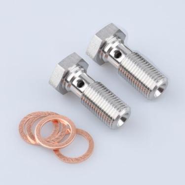 Imagem de AC PERFORMANCE 2 peças de aço inoxidável M10x1.0 rosca métrica Turbo freio adaptador de parafuso banjo com arruelas de cobre, parafuso banjo único 24 mm de comprimento