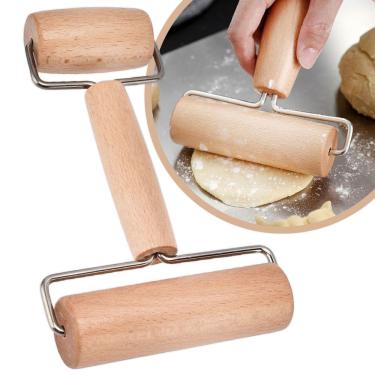 Imagem de Rolo Duplo Para Massas Pizza Pão Macarrão Madeira Cozinha