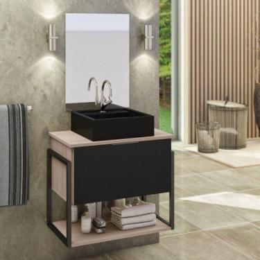 Imagem de Conjunto Tech 60cm Madeirado Preto Cuba Preta - Moveis Joia