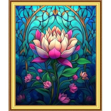 Imagem de Foxnyart Kits de ponto cruz estampado, gama completa de kits de bordado para iniciantes e adultos 11CT padrões de bordado arte artesanato DIY kit de bordado - flores de lótus coloridas 40,6 x 50,8 cm