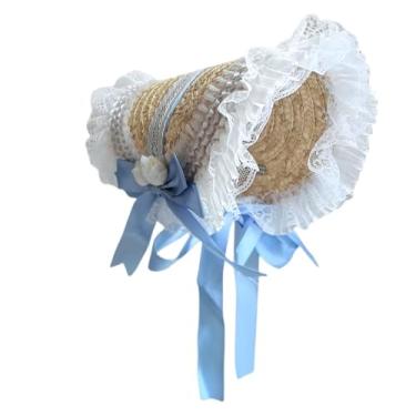 Imagem de Chapéu de palha vintage feminino vitoriano de renda Lolita com flores para meninas, Azul, One Size-Medium