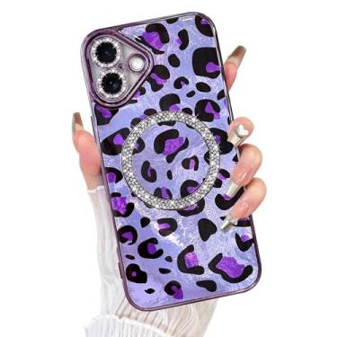 Imagem de Fiyart Capa projetada para iPhone 16, compatível com MagSafe Plating Diamond proteção para câmera Cheetah Leopard Print Glitter Magnetic para mulheres e homens à prova de choque para telefone 6,1