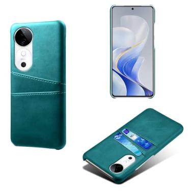 Imagem de Capas Compatível com VIVO S19 5G,Caso de couro PU-Tampa de telefone a prova de choque com 2 slots de cartão,Proteção anti-impressão digital e anti-gota-Green