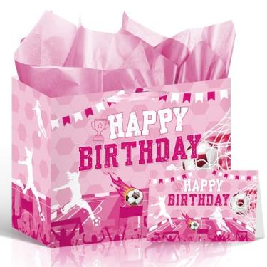 Imagem de Wxiben Bolsa de lembrancinha de festa de futebol - Decorações de festa de aniversário de futebol para meninas, bolsa de embrulho rosa com alça de papel de seda, suprimentos de decoração de festa de