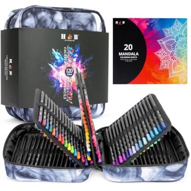 Imagem de H & B Conjunto de lápis de cor de 120 cores com folhas de colorir mandala, borracha, apontador – Kit de desenho macio à base de óleo para adultos, crianças e iniciantes
