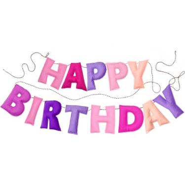 Imagem de Faixa de feliz aniversário pré-amarrada - guirlanda de bola de feltro - guirlanda de feliz aniversário, decorações de aniversário rosa, placa de feliz aniversário personalizada para decoração de aniversário, decoração de festa, acessório para fotos (rosa)