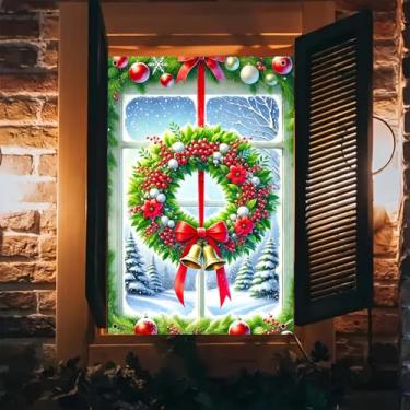 Imagem de BlissYard Capa de janela de Natal, 80 x 129 cm, grinalda de Natal, cenário de neve, cenário de pendurar com sinos vermelhos, enfeite de baga perene, decoração de inverno, casa, painel de parede