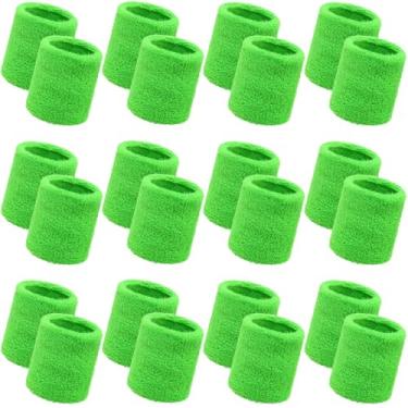 Imagem de Bememo 24 pulseiras de pulso esportivas a granel para homens e mulheres pulseiras de tênis atléticas respiráveis de algodão absorvente elástico felpudo para basquete, beisebol, academia, malhar (verde