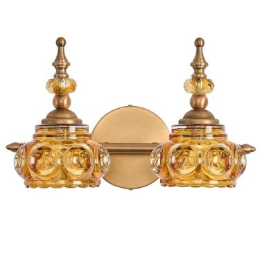 Imagem de ZILANL Arandela de parede vintage com 2 luzes de banheiro rosa âmbar com sombra de vidro cristal, à prova de ferrugem e durável para quarto, sala de estar, corredor